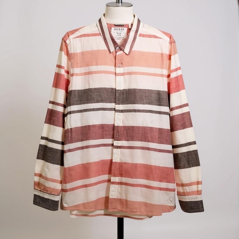 Guess Slim Fit Striped Button Up Dress Shirt Work Career Size XL